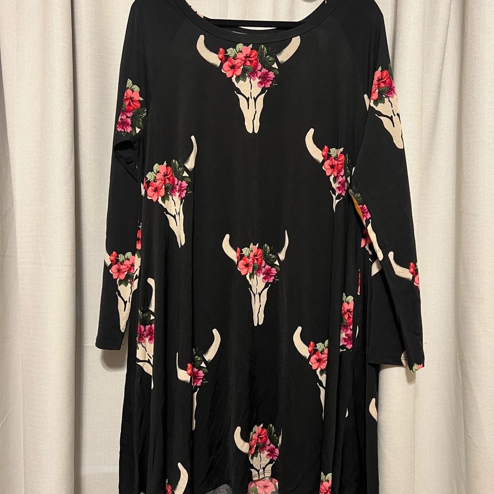 Black Floral Bull Skull Swing Dress